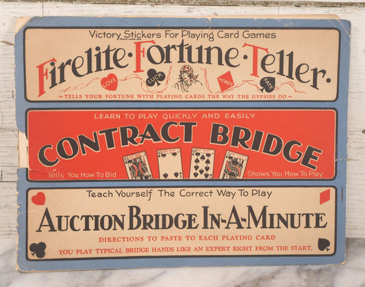Lot 159 - Vintage Playing Card Game Folder By Victory Stickers For Playing Card Games With Firelite Fortune Teller Advertising, Missing Fortune Teller Contents, Contains Bridge Contents