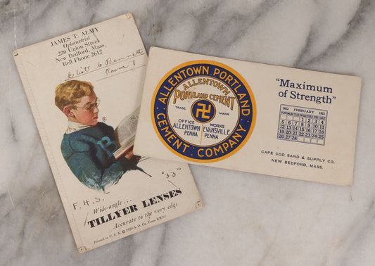 Lot 161 - Pair Of Vintage Advertising Blotters Including Allentown Portland Cement Company, 1922, With Whirling Logs Motif, And James T. Almy, Optomotrist, New Bedford, Massachusetts, 1929