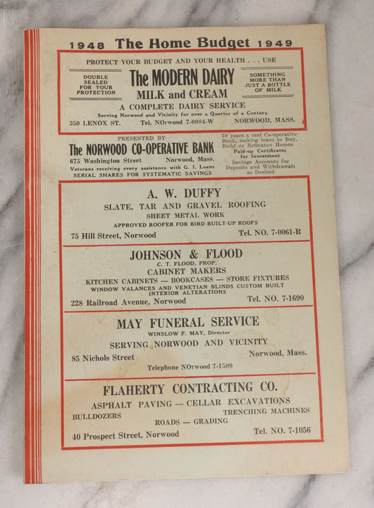 Lot 165 - Vintage Unused Home Budget Booklet For Year 1948 To 1949, With Many Advertisements Including For Maguire's Home Beautiful, Norwood, Massachusetts