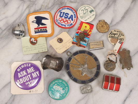 Lot 170 - Grouping Of 10+ Vintage Smalls With Pins, Badges, And More, Including Train Money Clip, Boston Maine Railroad 1930 Pin, St. Christopher Protection Medallion, Esso Tiger Keychain, National Sportsman Fob, And More