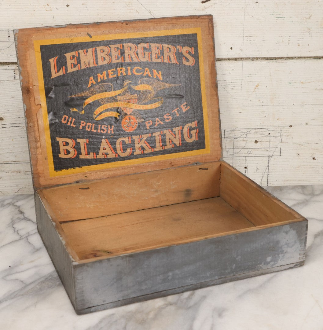 Lot 007 - Antique Wooden Advertising Display Box With Lithographed Interior Label For Lemberger's Blacking, American Oil Paste, Manufactured By The Weikel & Smith Spice Co., Philadelphia, With Eagle Motif