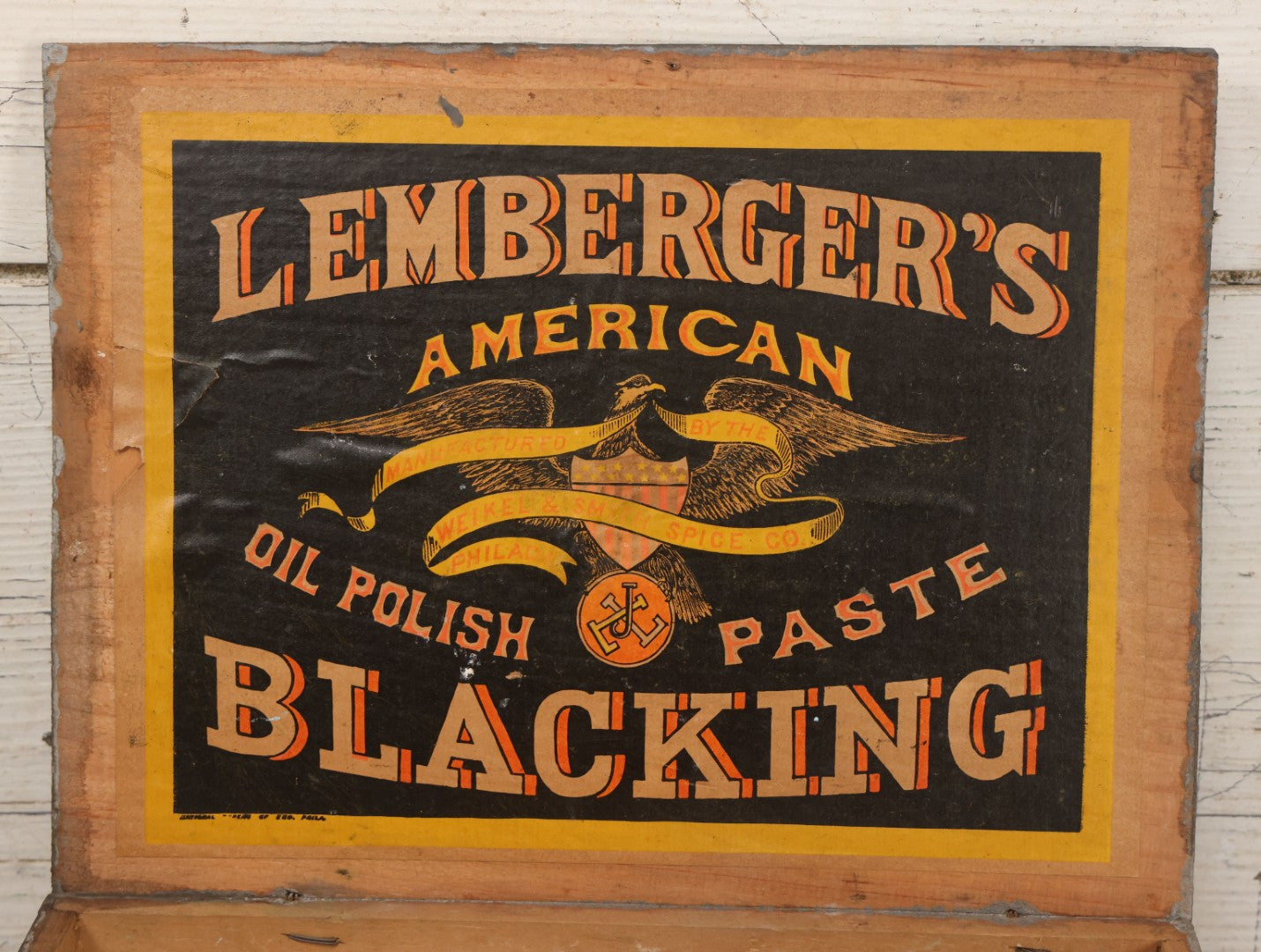 Lot 007 - Antique Wooden Advertising Display Box With Lithographed Interior Label For Lemberger's Blacking, American Oil Paste, Manufactured By The Weikel & Smith Spice Co., Philadelphia, With Eagle Motif