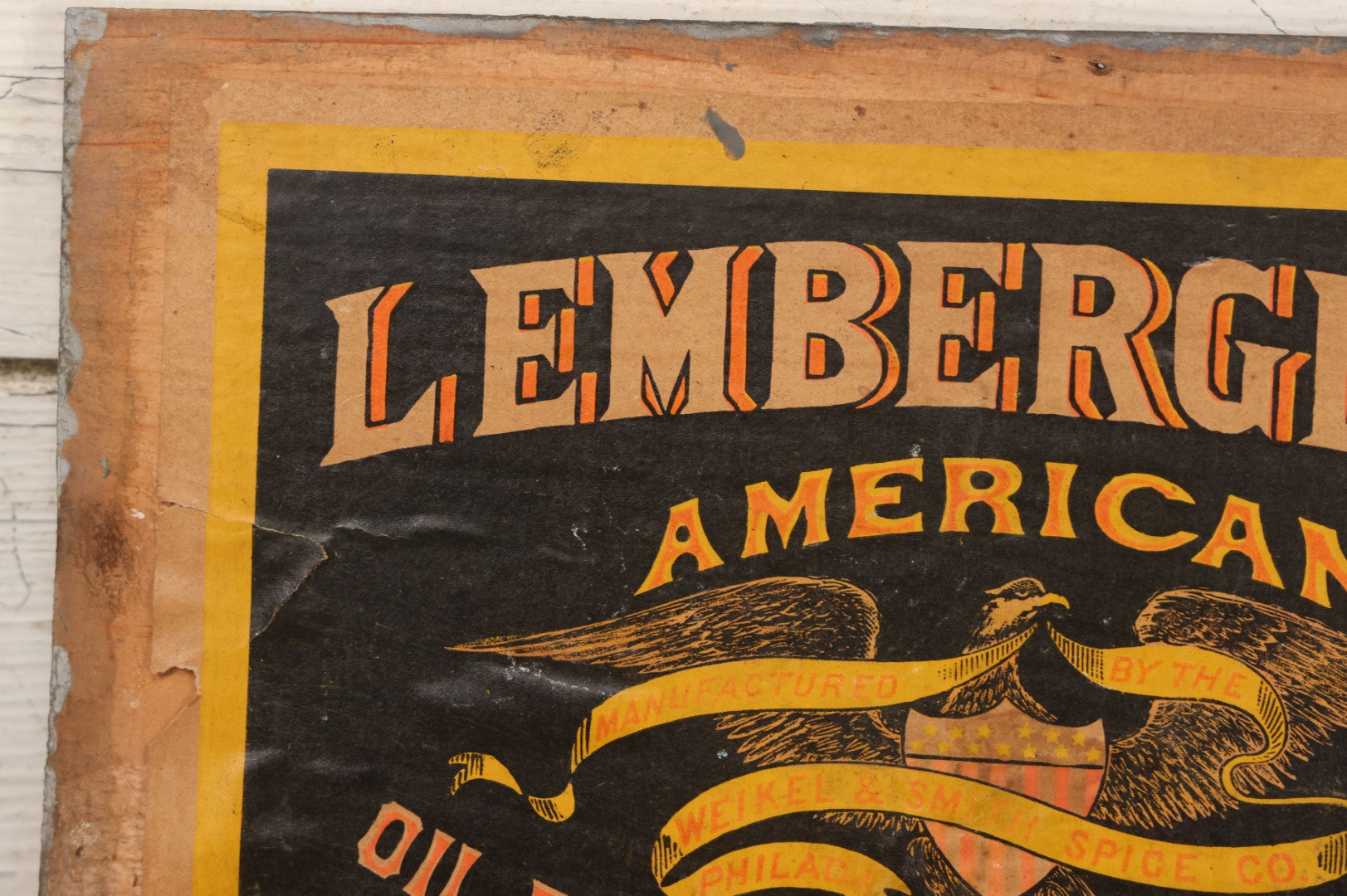 Lot 007 - Antique Wooden Advertising Display Box With Lithographed Interior Label For Lemberger's Blacking, American Oil Paste, Manufactured By The Weikel & Smith Spice Co., Philadelphia, With Eagle Motif