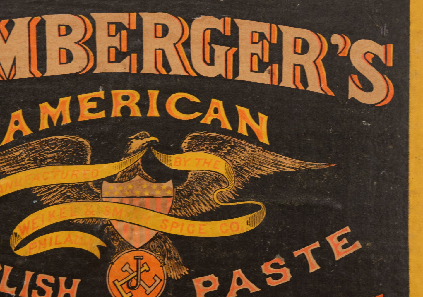 Lot 007 - Antique Wooden Advertising Display Box With Lithographed Interior Label For Lemberger's Blacking, American Oil Paste, Manufactured By The Weikel & Smith Spice Co., Philadelphia, With Eagle Motif