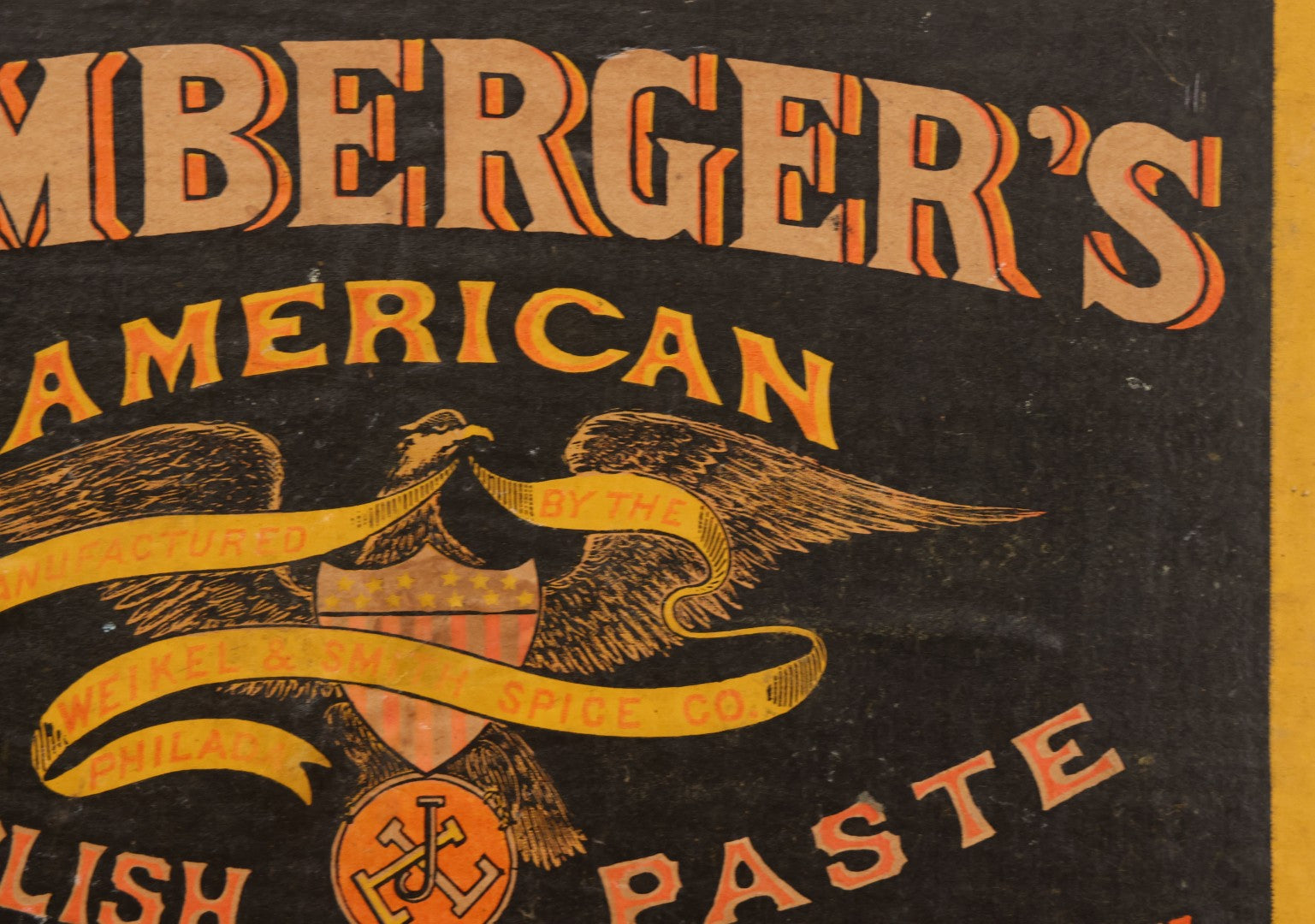 Lot 007 - Antique Wooden Advertising Display Box With Lithographed Interior Label For Lemberger's Blacking, American Oil Paste, Manufactured By The Weikel & Smith Spice Co., Philadelphia, With Eagle Motif