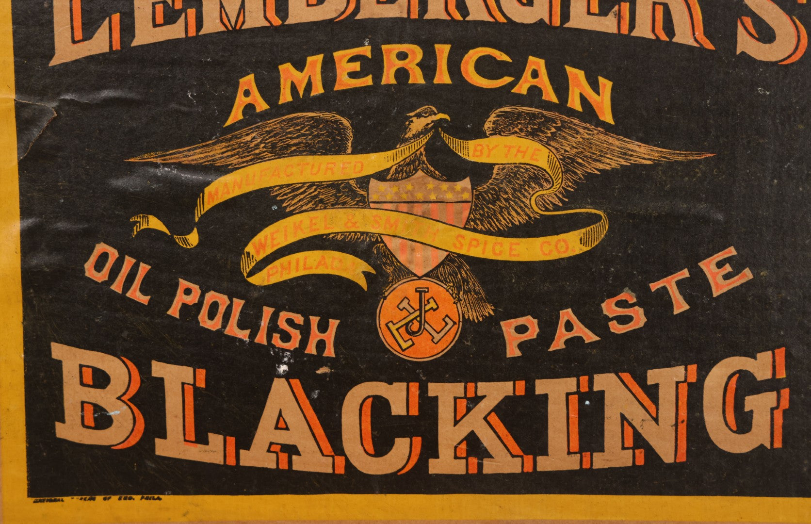Lot 007 - Antique Wooden Advertising Display Box With Lithographed Interior Label For Lemberger's Blacking, American Oil Paste, Manufactured By The Weikel & Smith Spice Co., Philadelphia, With Eagle Motif