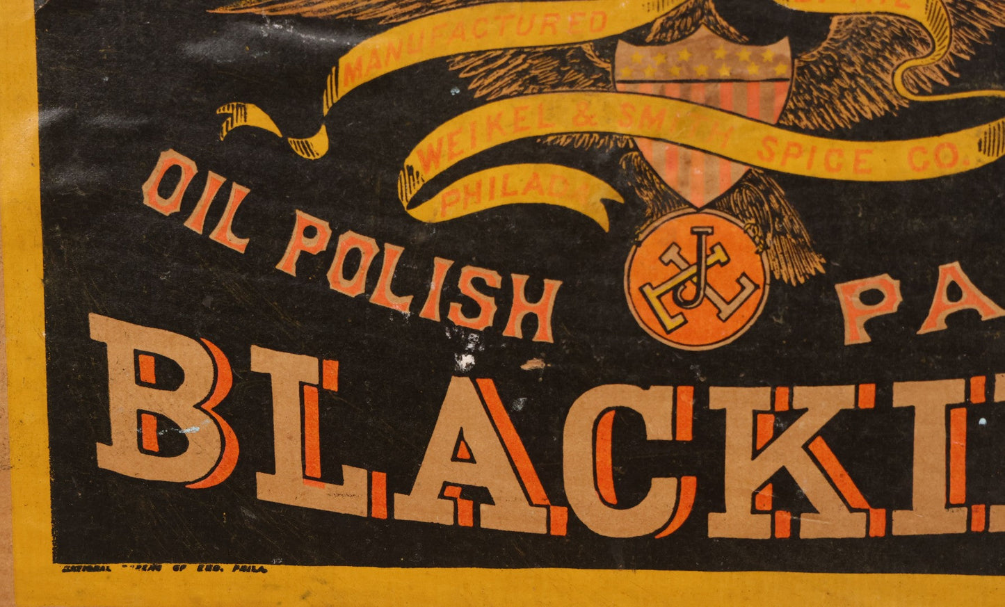 Lot 007 - Antique Wooden Advertising Display Box With Lithographed Interior Label For Lemberger's Blacking, American Oil Paste, Manufactured By The Weikel & Smith Spice Co., Philadelphia, With Eagle Motif