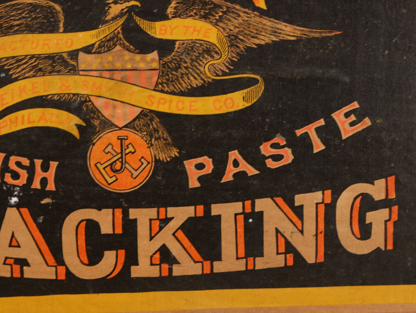 Lot 007 - Antique Wooden Advertising Display Box With Lithographed Interior Label For Lemberger's Blacking, American Oil Paste, Manufactured By The Weikel & Smith Spice Co., Philadelphia, With Eagle Motif