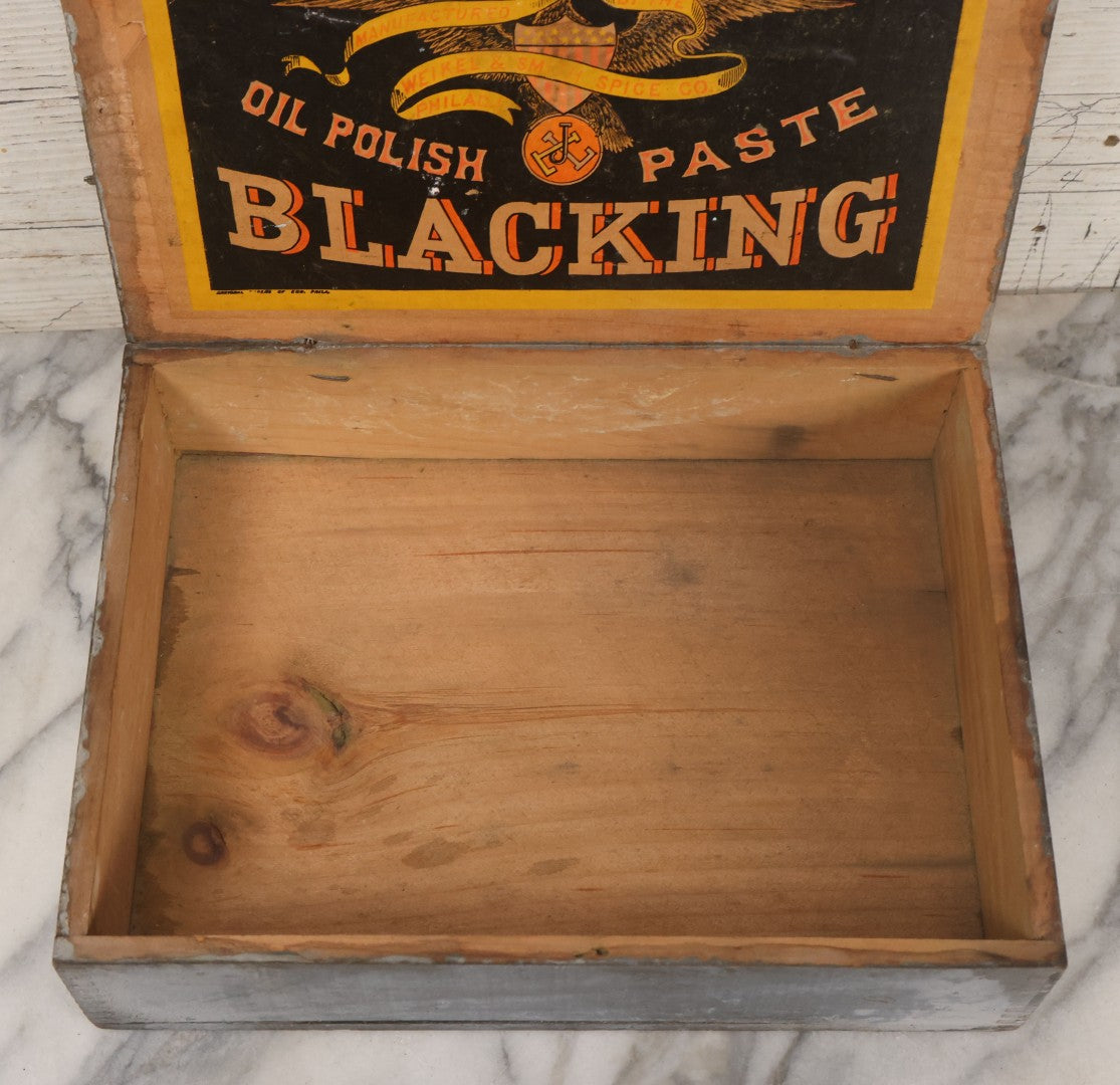 Lot 007 - Antique Wooden Advertising Display Box With Lithographed Interior Label For Lemberger's Blacking, American Oil Paste, Manufactured By The Weikel & Smith Spice Co., Philadelphia, With Eagle Motif