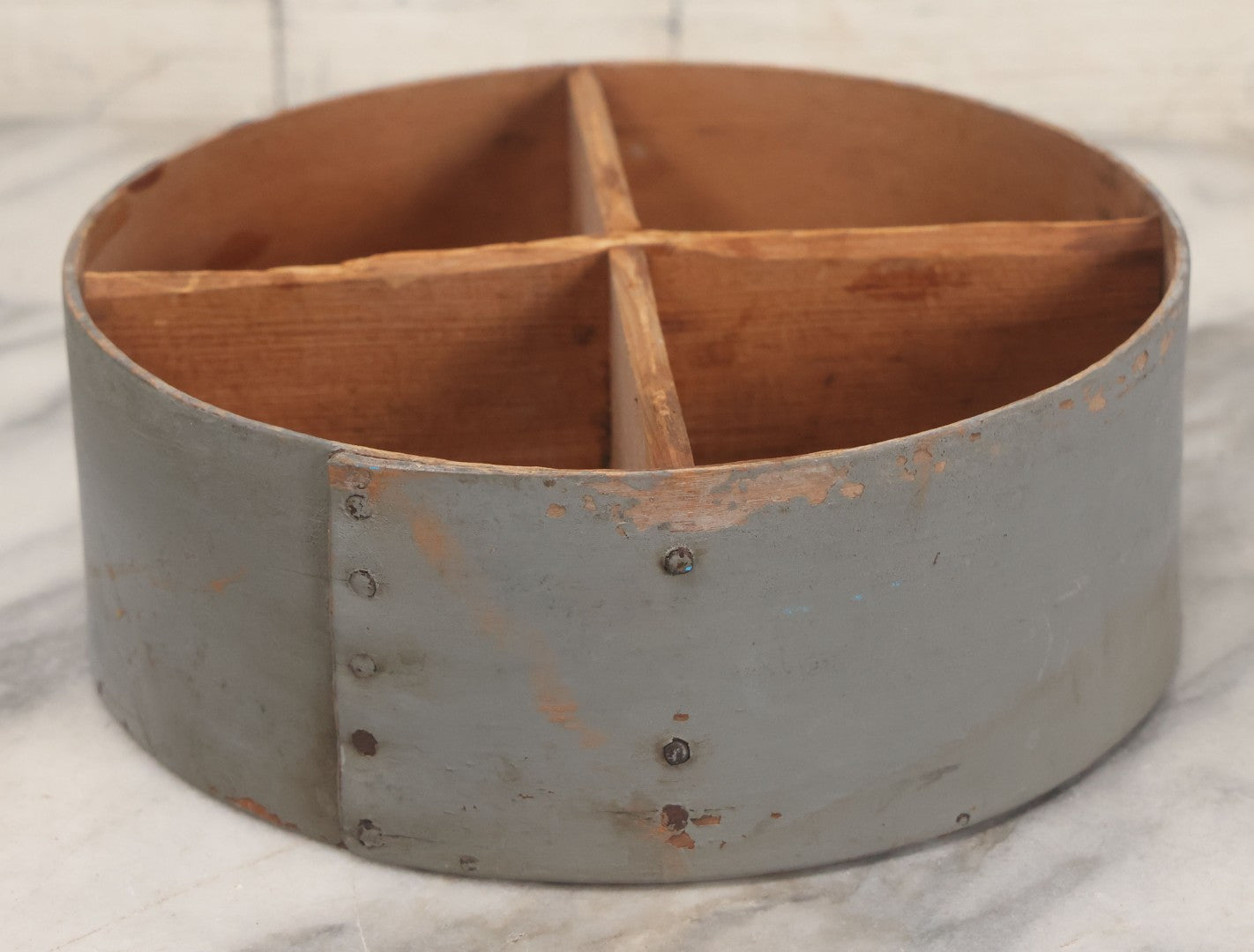 Lot 008 - Antique Four Sectioned Divided Circular Pantry Box With Blue Gray Paint, Missing Lid