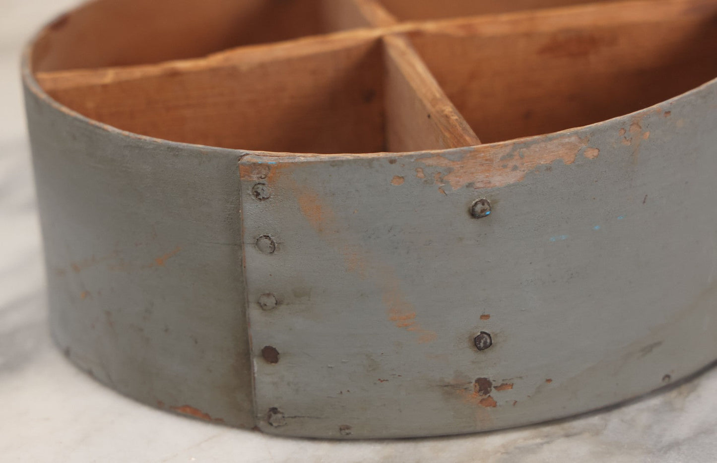 Lot 008 - Antique Four Sectioned Divided Circular Pantry Box With Blue Gray Paint, Missing Lid