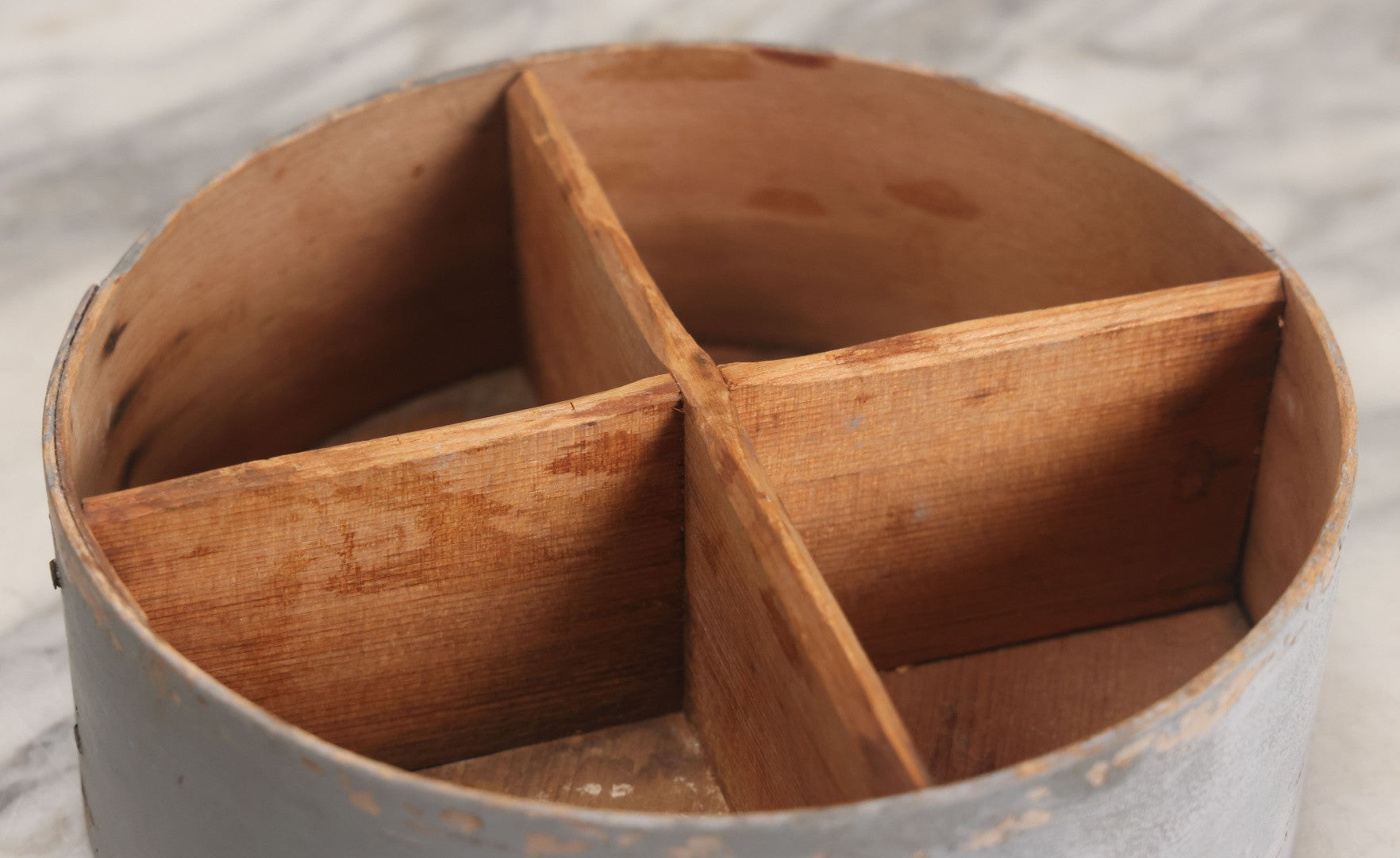Lot 008 - Antique Four Sectioned Divided Circular Pantry Box With Blue Gray Paint, Missing Lid