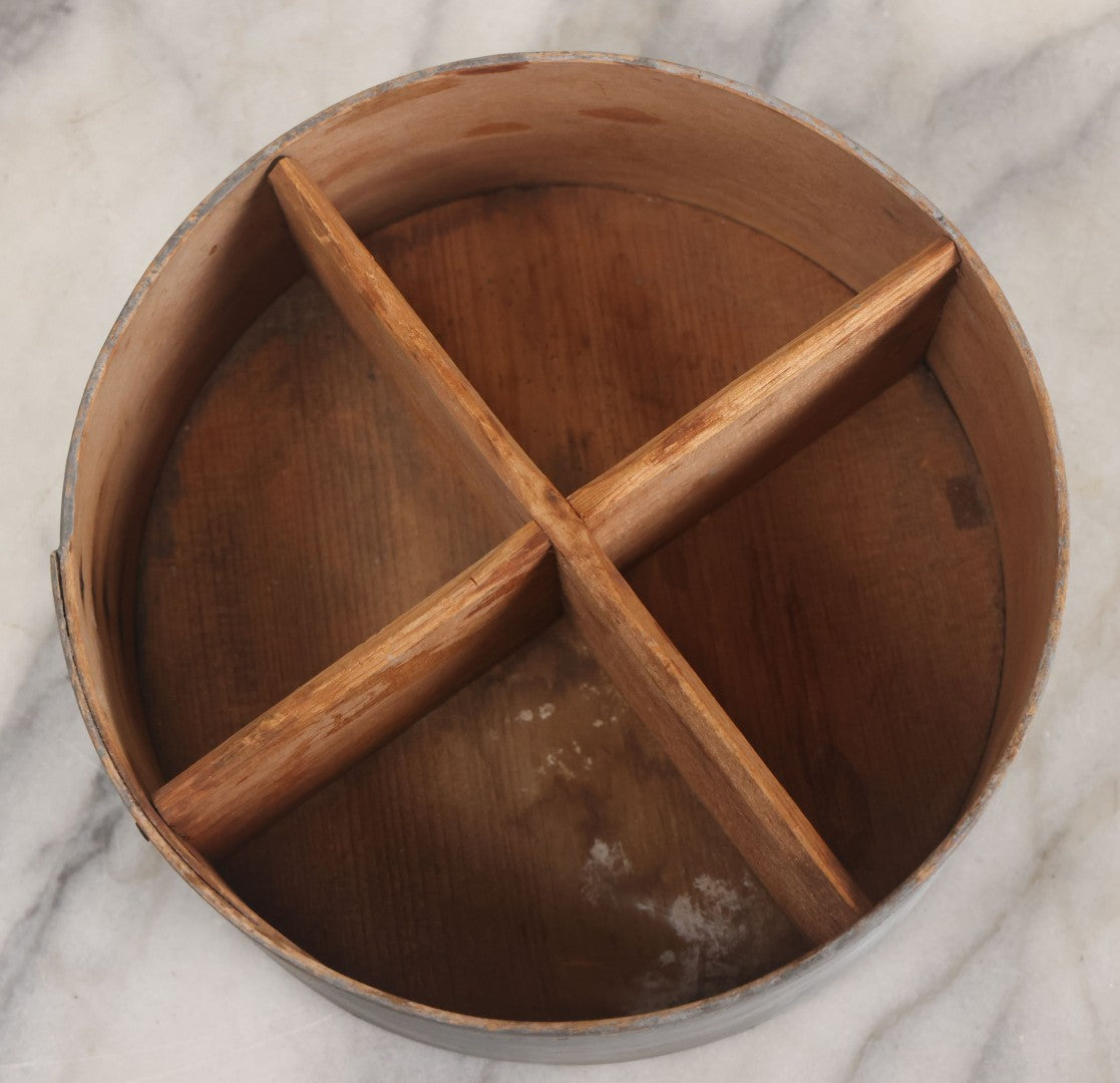 Lot 008 - Antique Four Sectioned Divided Circular Pantry Box With Blue Gray Paint, Missing Lid