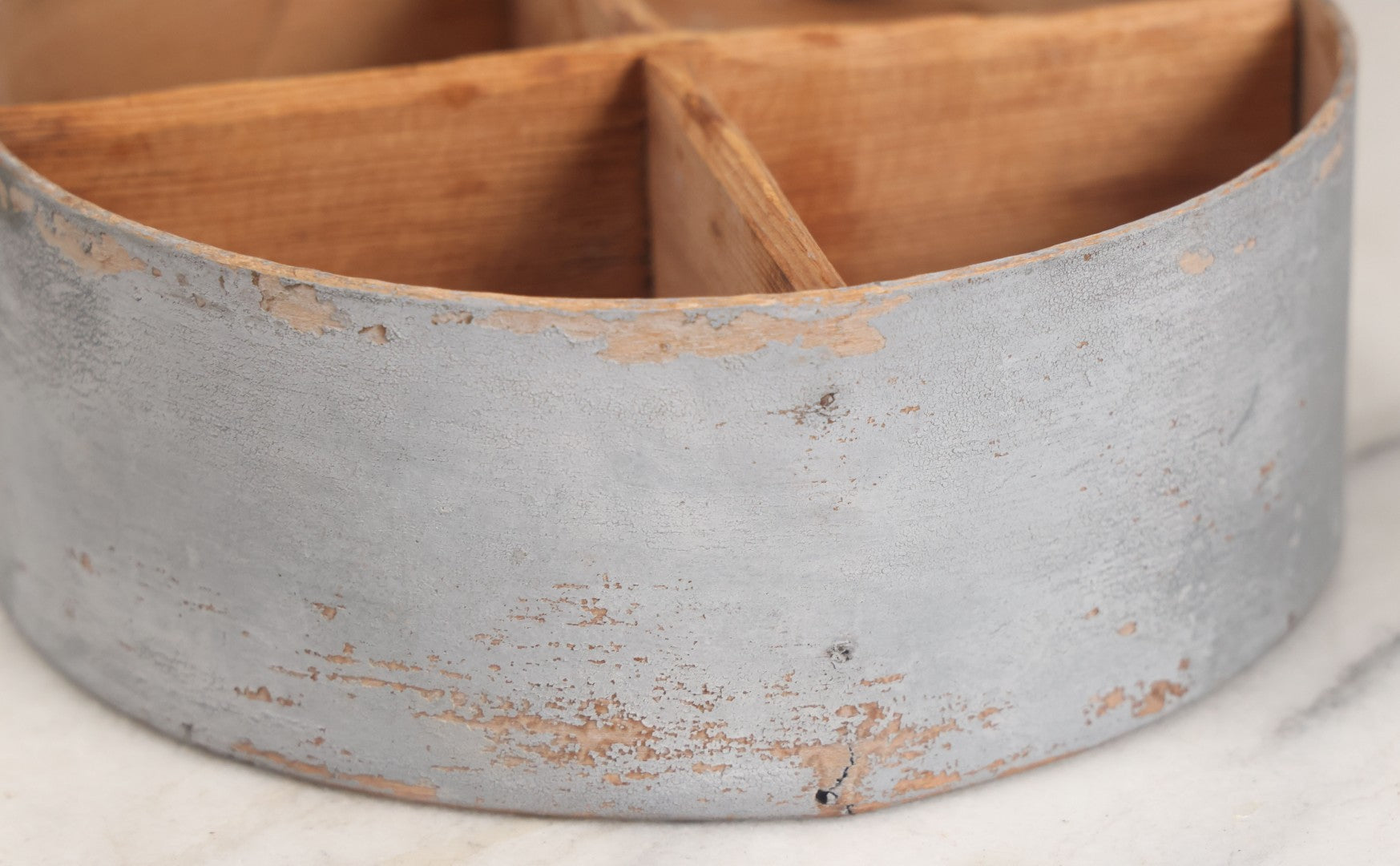 Lot 008 - Antique Four Sectioned Divided Circular Pantry Box With Blue Gray Paint, Missing Lid