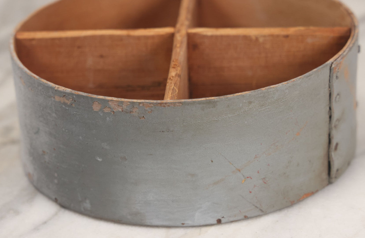 Lot 008 - Antique Four Sectioned Divided Circular Pantry Box With Blue Gray Paint, Missing Lid