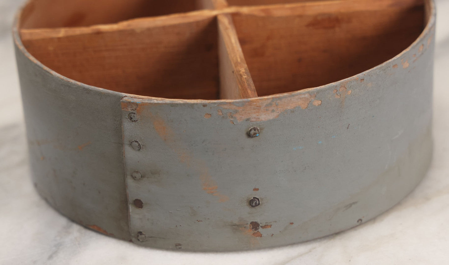 Lot 008 - Antique Four Sectioned Divided Circular Pantry Box With Blue Gray Paint, Missing Lid