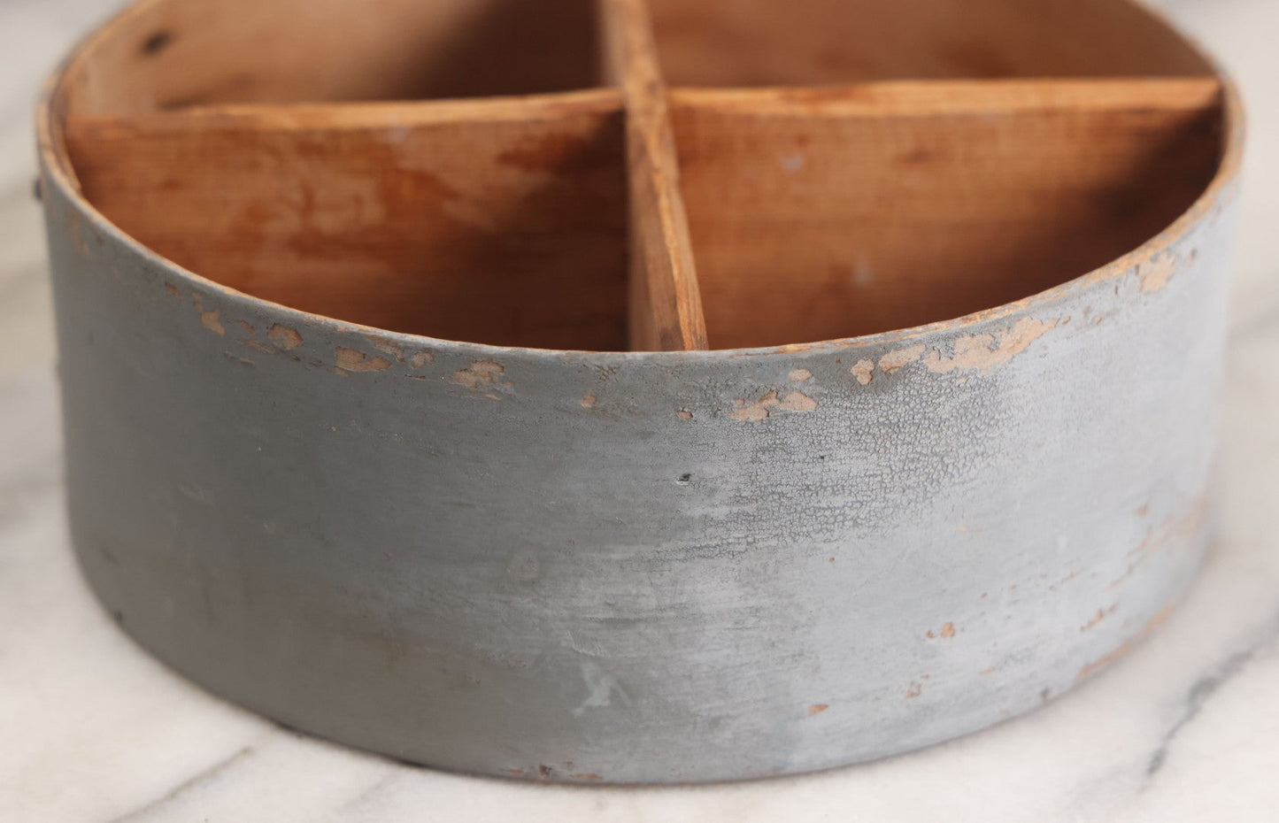 Lot 008 - Antique Four Sectioned Divided Circular Pantry Box With Blue Gray Paint, Missing Lid
