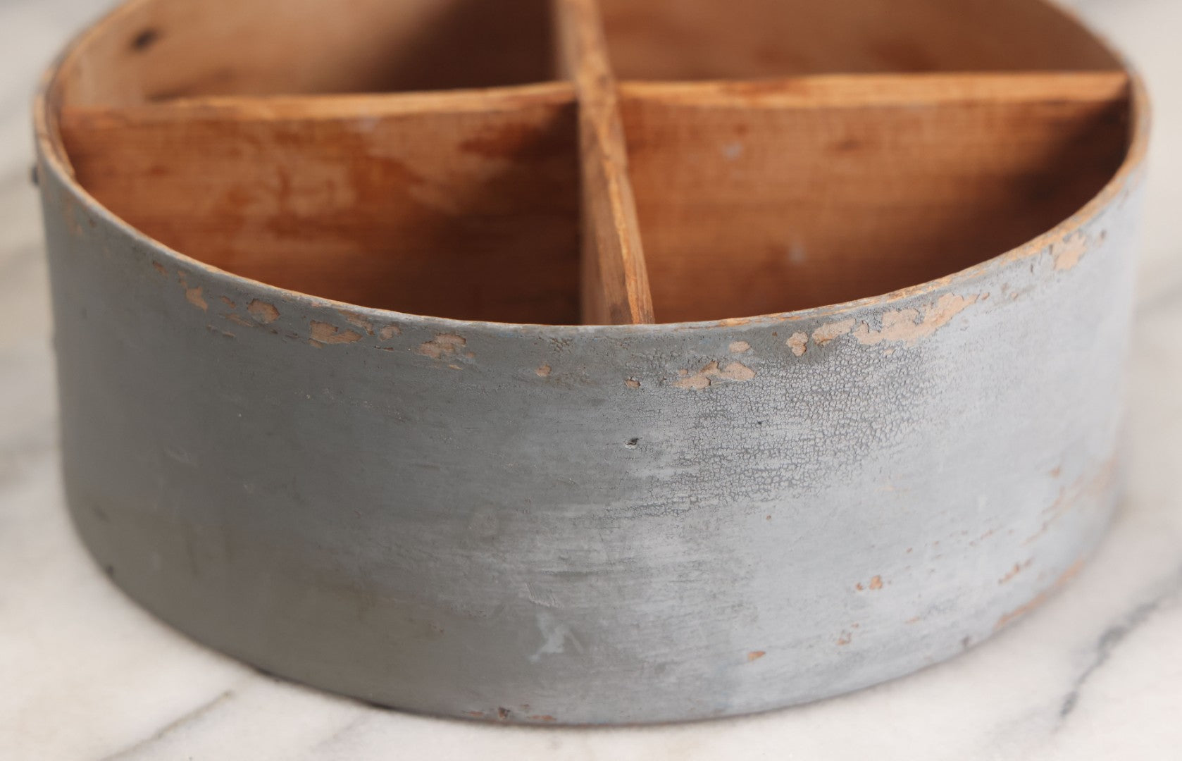 Lot 008 - Antique Four Sectioned Divided Circular Pantry Box With Blue Gray Paint, Missing Lid