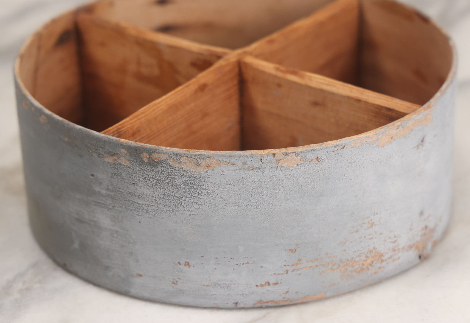 Lot 008 - Antique Four Sectioned Divided Circular Pantry Box With Blue Gray Paint, Missing Lid
