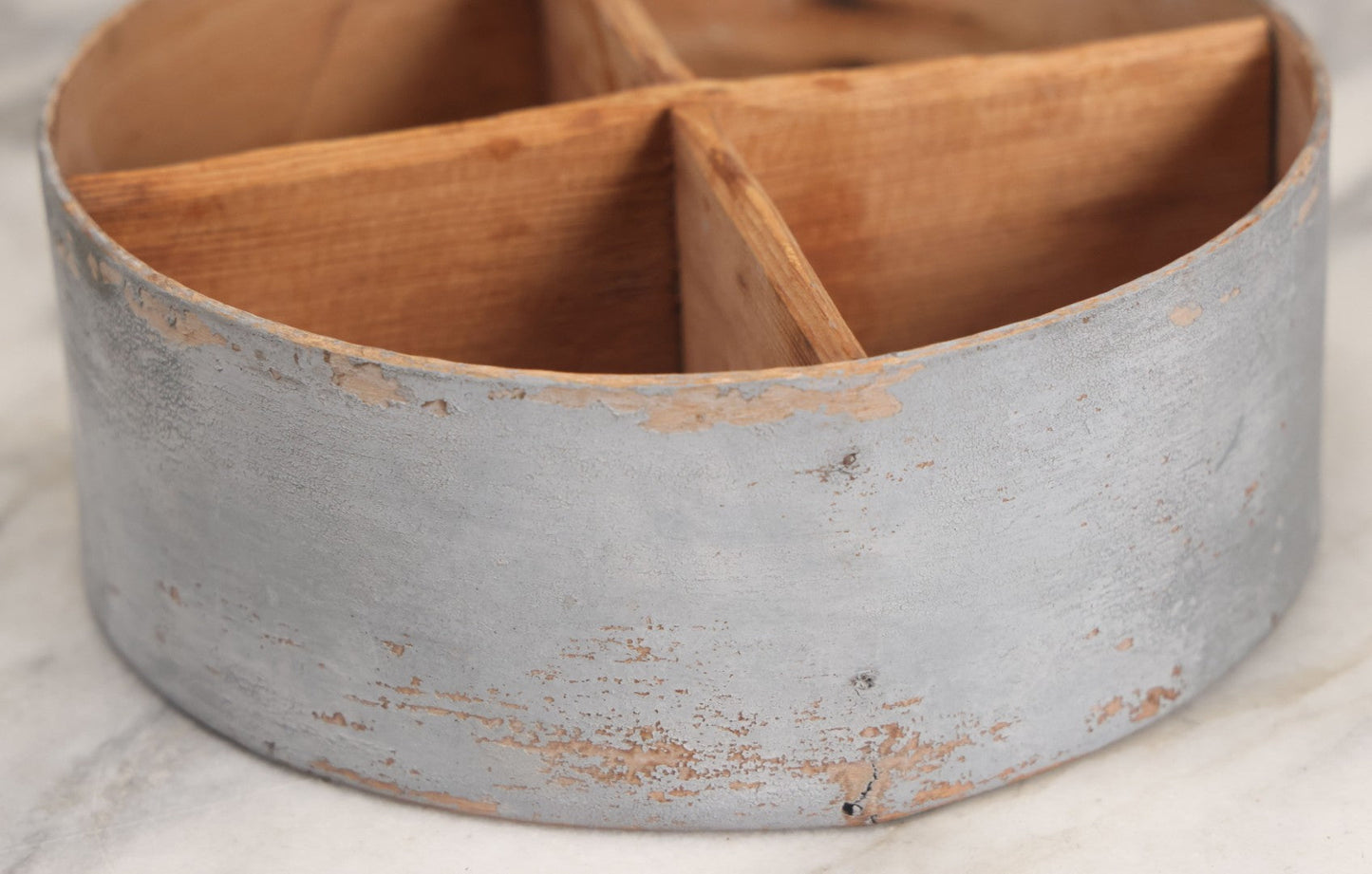 Lot 008 - Antique Four Sectioned Divided Circular Pantry Box With Blue Gray Paint, Missing Lid