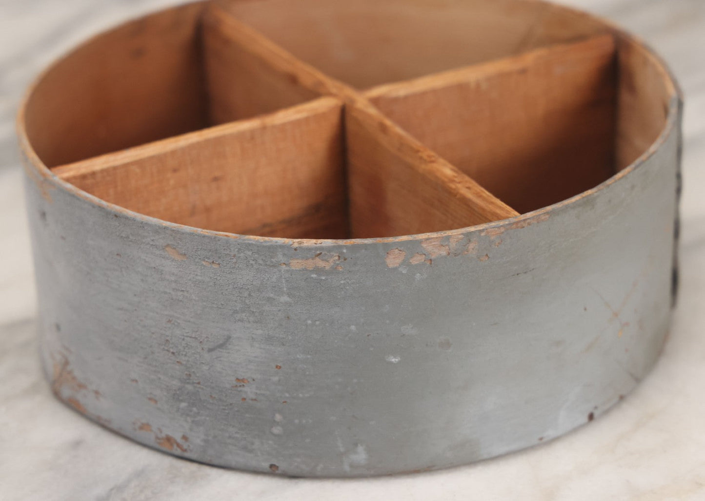 Lot 008 - Antique Four Sectioned Divided Circular Pantry Box With Blue Gray Paint, Missing Lid