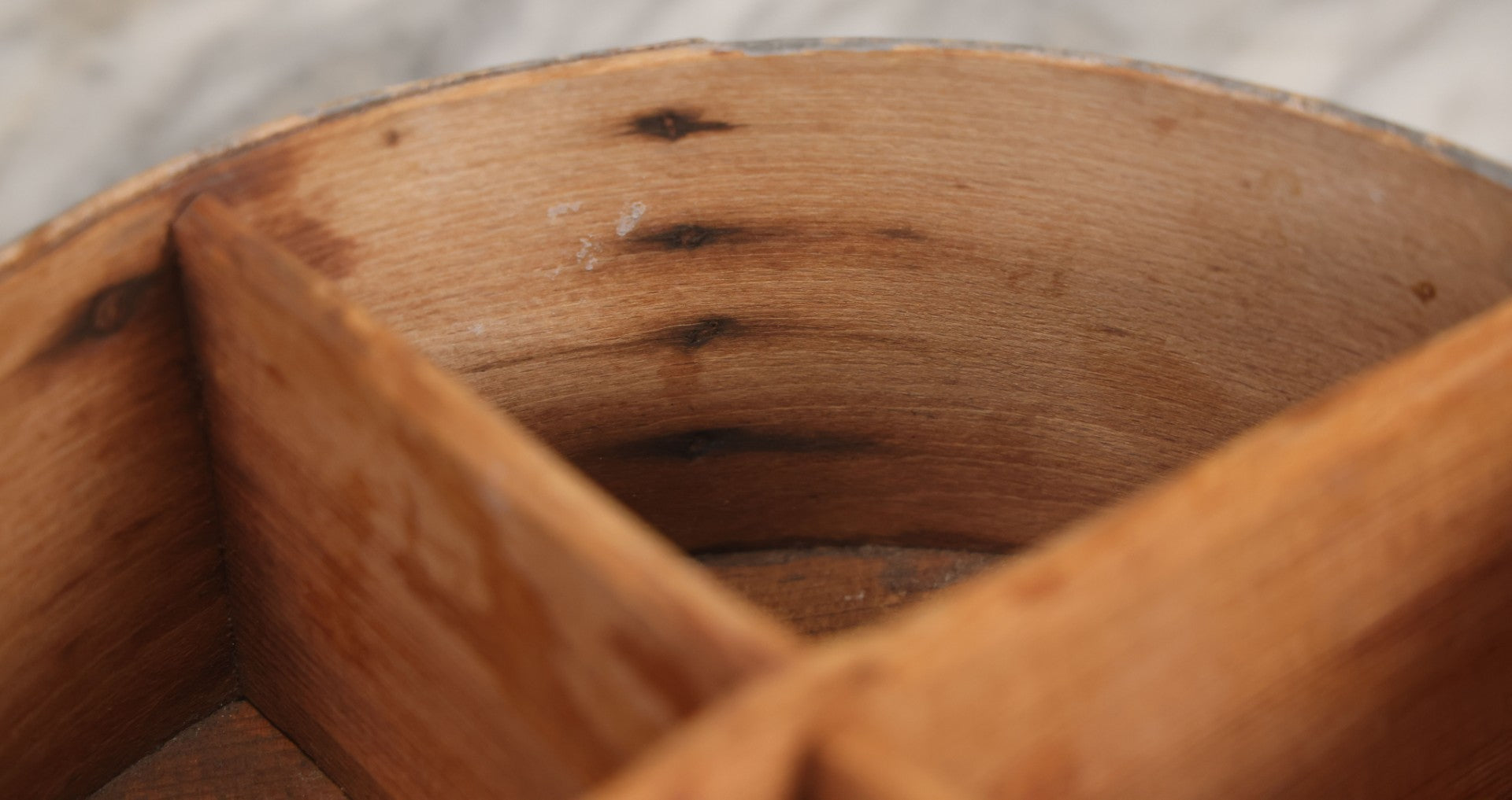 Lot 008 - Antique Four Sectioned Divided Circular Pantry Box With Blue Gray Paint, Missing Lid