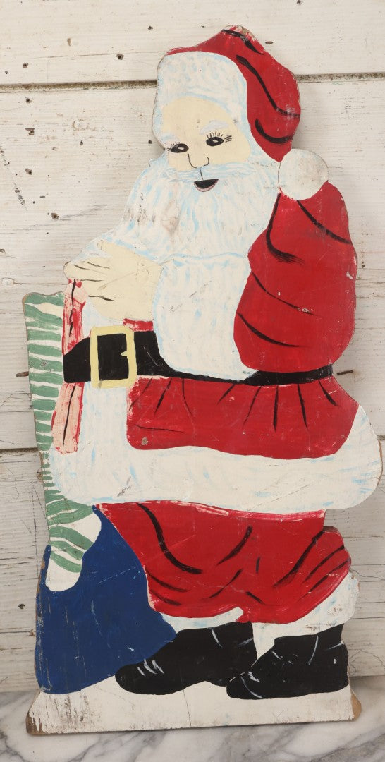 Lot 009 - Vintage Folk Art Hand Cut Hand Painted Christmas Santa Claus Wooden Lawn Ornament, 11-1/2" x 21-3/4"