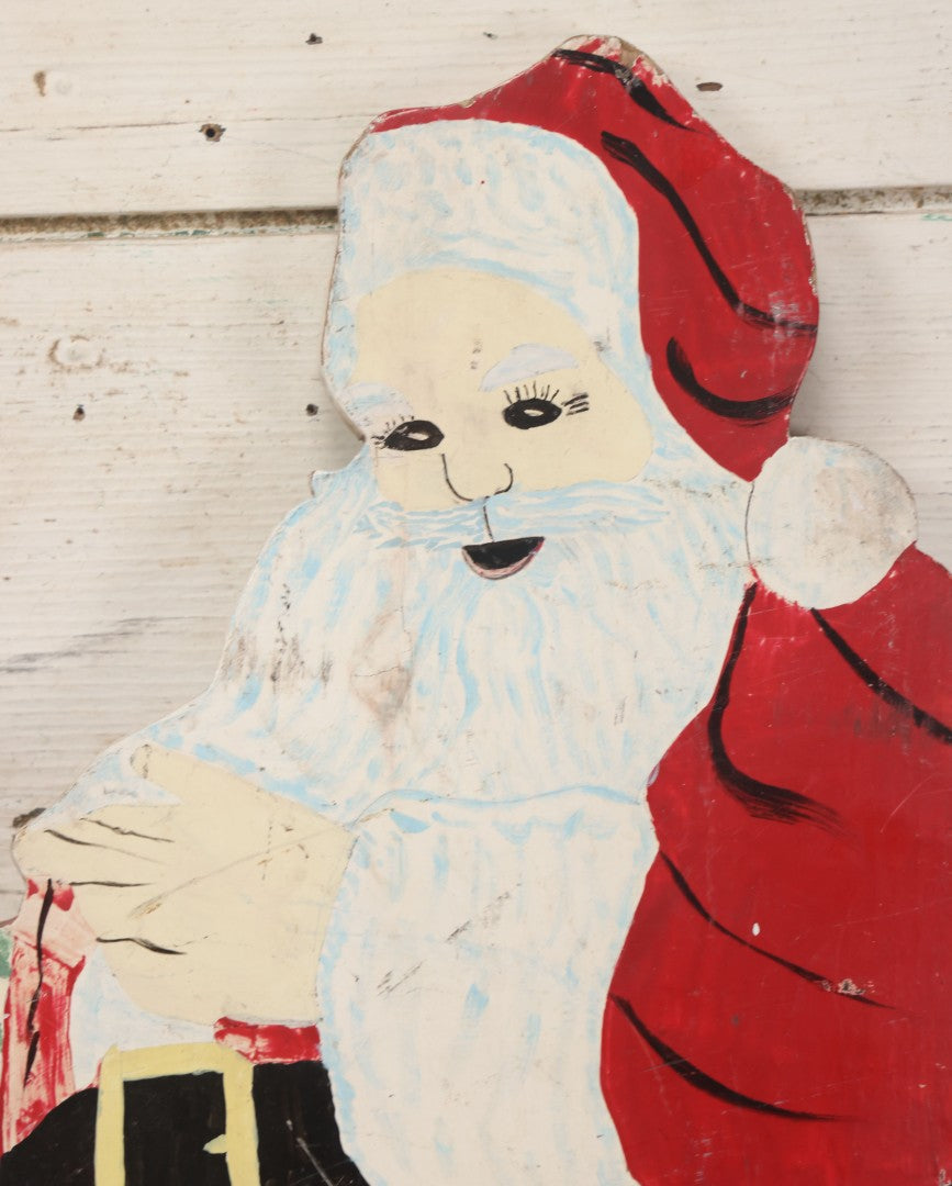 Lot 009 - Vintage Folk Art Hand Cut Hand Painted Christmas Santa Claus Wooden Lawn Ornament, 11-1/2" x 21-3/4"