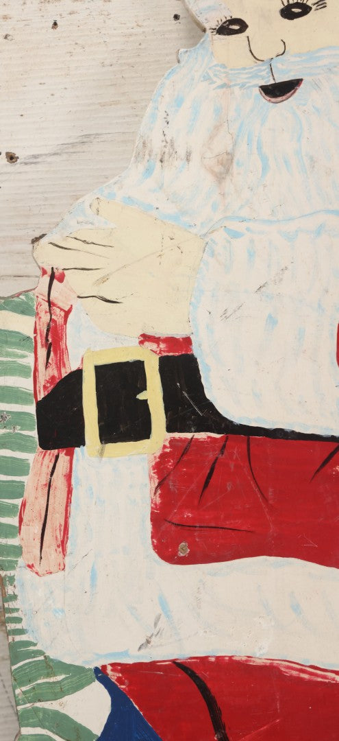 Lot 009 - Vintage Folk Art Hand Cut Hand Painted Christmas Santa Claus Wooden Lawn Ornament, 11-1/2" x 21-3/4"