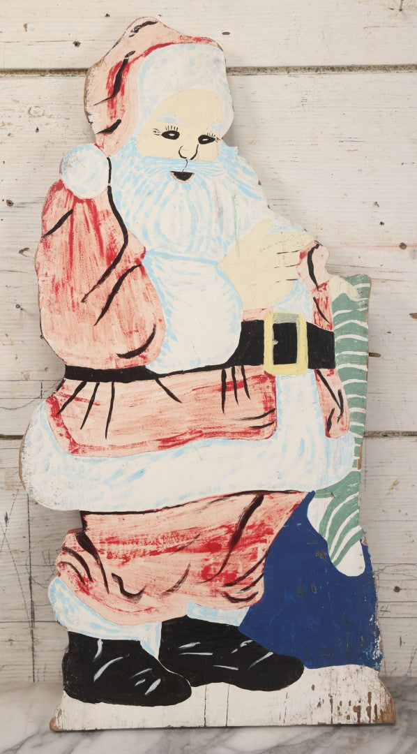 Lot 009 - Vintage Folk Art Hand Cut Hand Painted Christmas Santa Claus Wooden Lawn Ornament, 11-1/2" x 21-3/4"