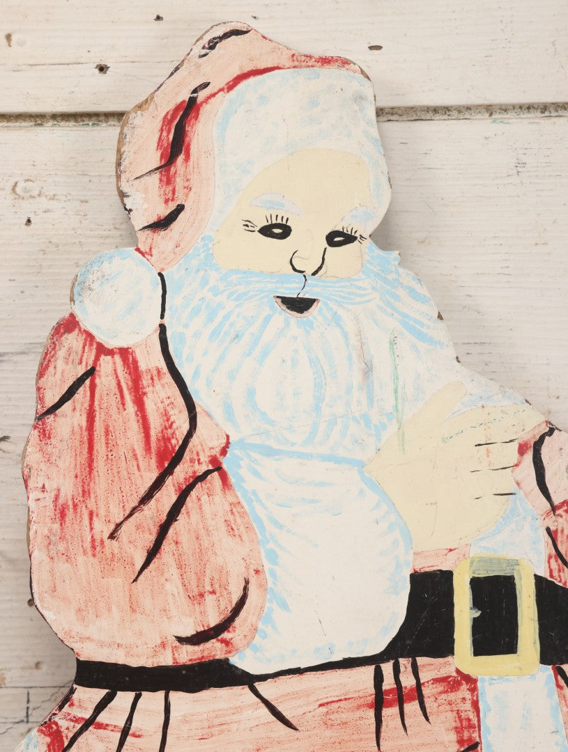 Lot 009 - Vintage Folk Art Hand Cut Hand Painted Christmas Santa Claus Wooden Lawn Ornament, 11-1/2" x 21-3/4"