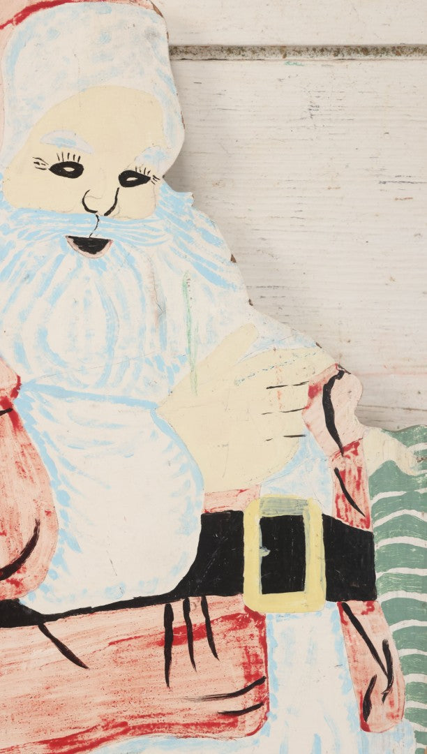 Lot 009 - Vintage Folk Art Hand Cut Hand Painted Christmas Santa Claus Wooden Lawn Ornament, 11-1/2" x 21-3/4"