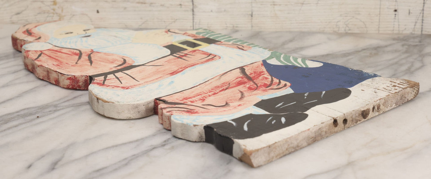 Lot 009 - Vintage Folk Art Hand Cut Hand Painted Christmas Santa Claus Wooden Lawn Ornament, 11-1/2" x 21-3/4"