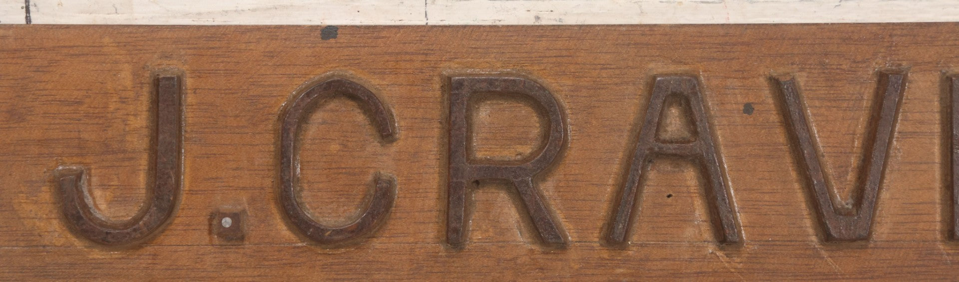 Lot 010 - Vintage Folk Art Wooden Name Plate Sign With Individually Hand Carved Letters For "J. Craven," 12" x 3-1/8"