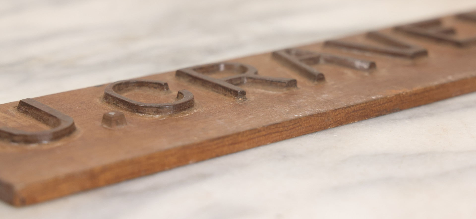 Lot 010 - Vintage Folk Art Wooden Name Plate Sign With Individually Hand Carved Letters For "J. Craven," 12" x 3-1/8"