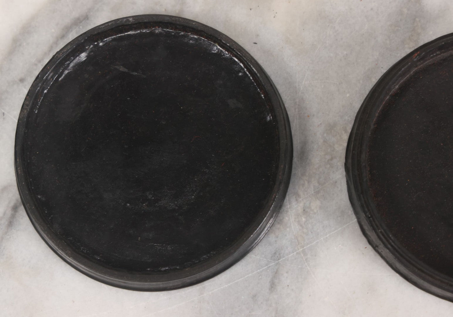 Lot 011 - Antique Laquered Papier Mache Dresser Box With Lithographed Lid Of One Woman Comforting Another, Note Small Loss To Bottom Lip