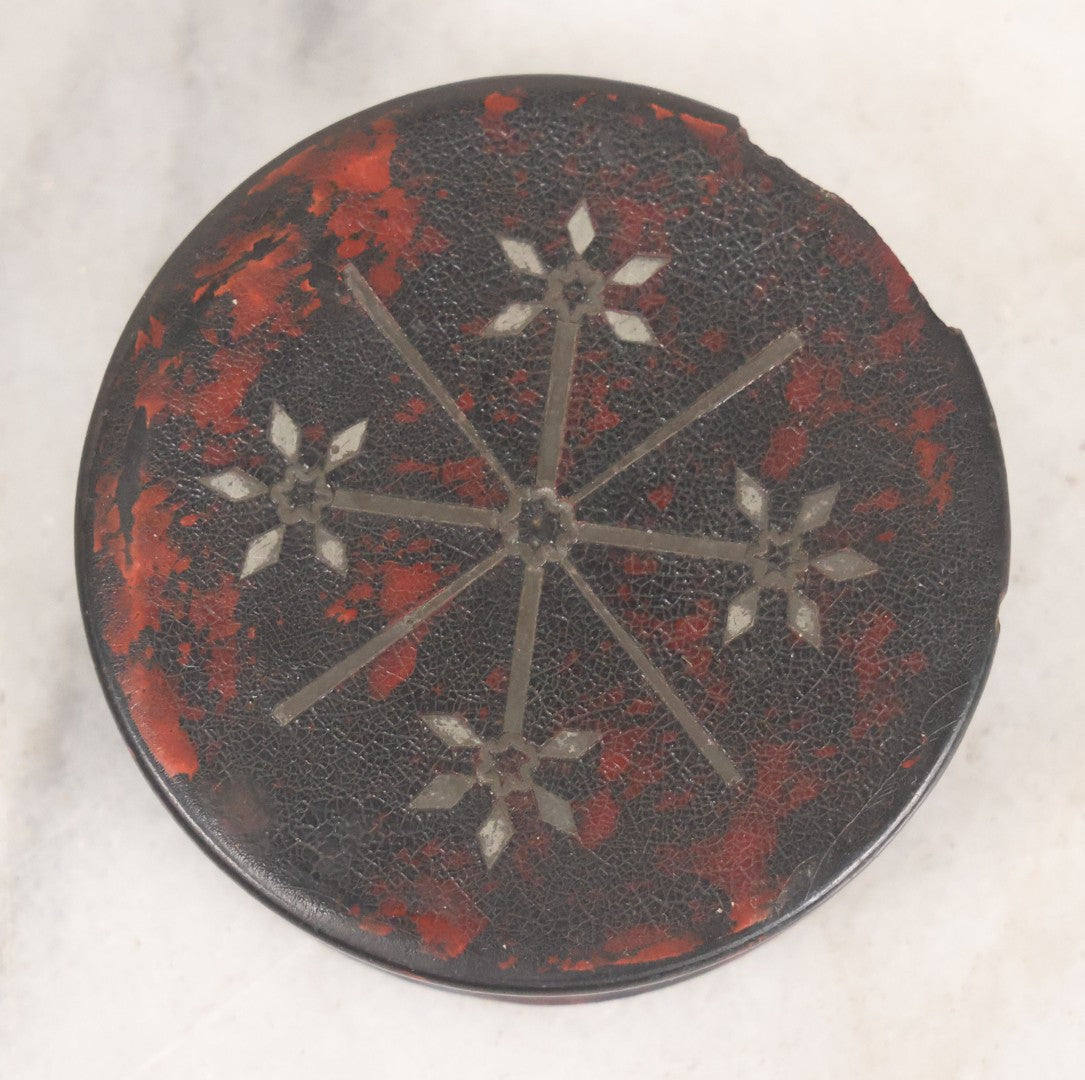 Lot 012 - Antique Laquered Papier Mache Dresser Box With Inlaid Geometric Cover And Red Paint Marbling, Note Loss To Edge Of Lid