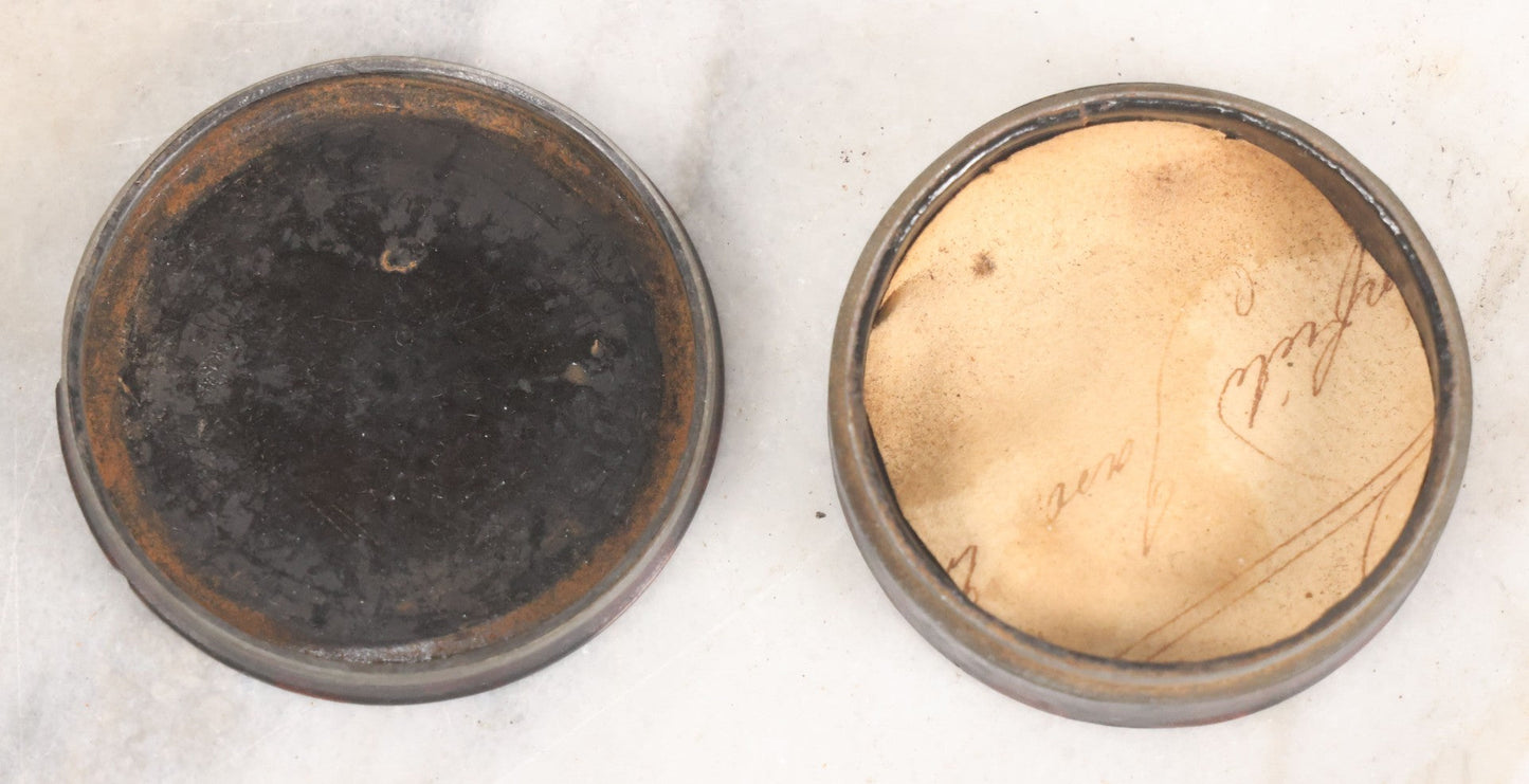 Lot 012 - Antique Laquered Papier Mache Dresser Box With Inlaid Geometric Cover And Red Paint Marbling, Note Loss To Edge Of Lid