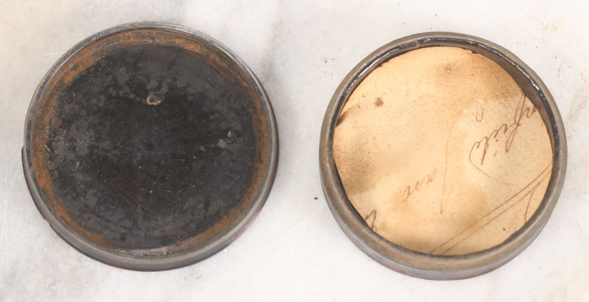 Lot 012 - Antique Laquered Papier Mache Dresser Box With Inlaid Geometric Cover And Red Paint Marbling, Note Loss To Edge Of Lid