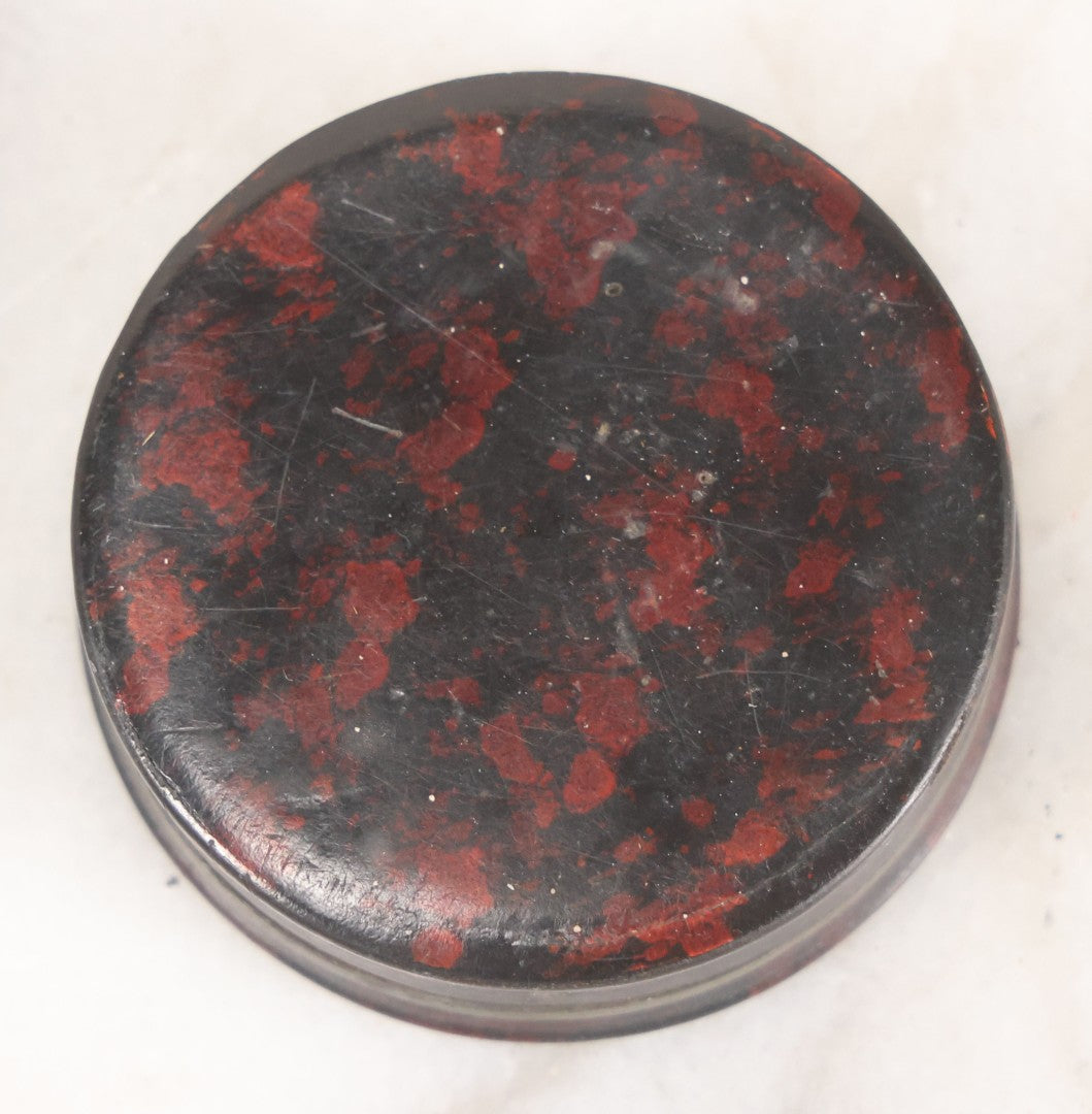 Lot 012 - Antique Laquered Papier Mache Dresser Box With Inlaid Geometric Cover And Red Paint Marbling, Note Loss To Edge Of Lid