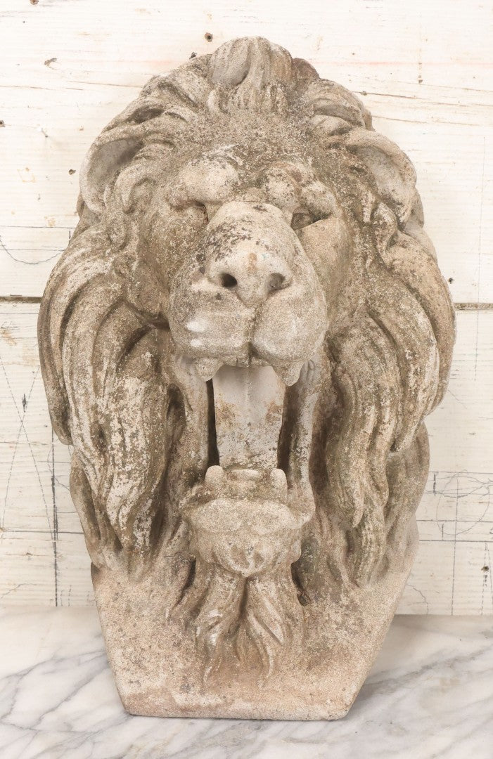 Lot 013 - Vintage Cast Cement Roaring Lion Head With Natural Patina, Thick Gauge Wire Hanger On Back, 10" x 16"