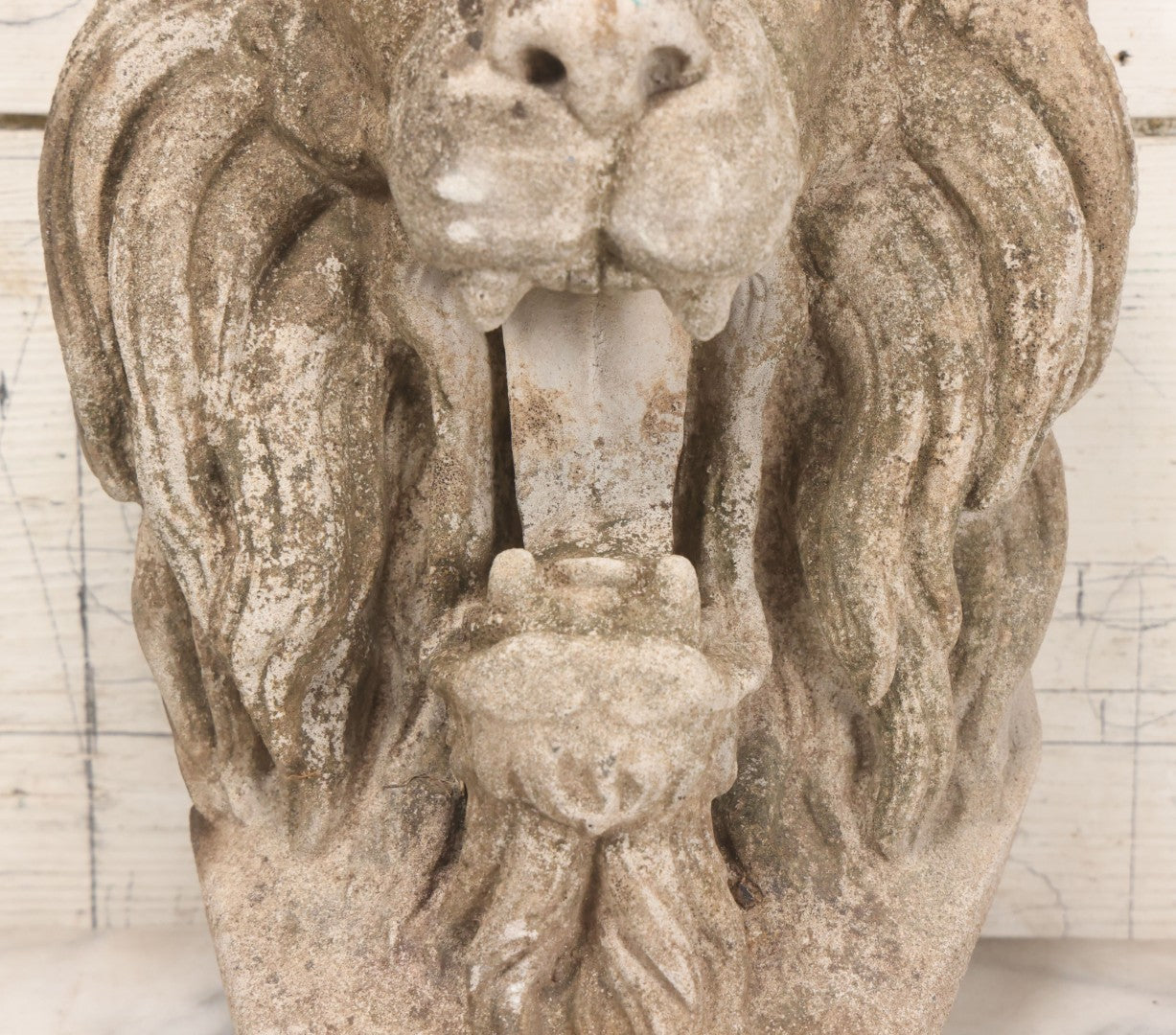 Lot 013 - Vintage Cast Cement Roaring Lion Head With Natural Patina, Thick Gauge Wire Hanger On Back, 10" x 16"