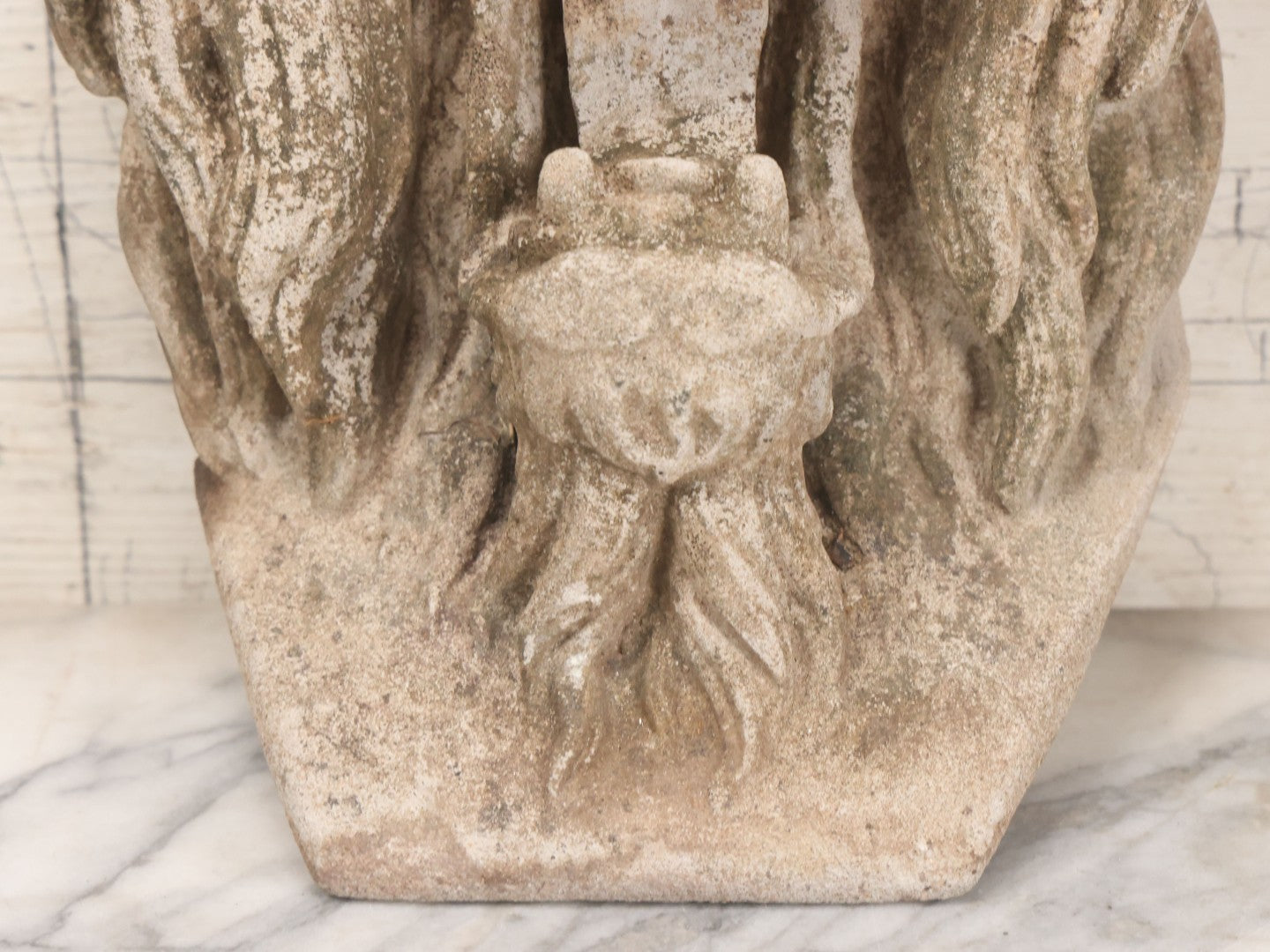 Lot 013 - Vintage Cast Cement Roaring Lion Head With Natural Patina, Thick Gauge Wire Hanger On Back, 10" x 16"