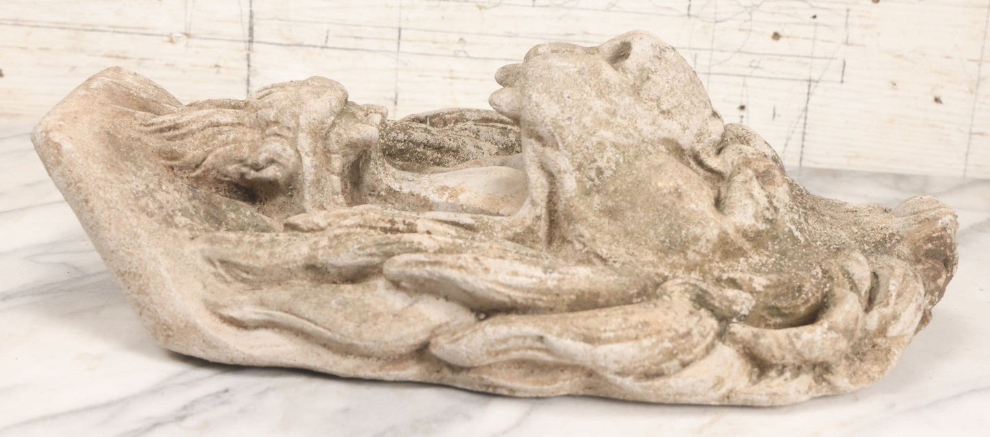 Lot 013 - Vintage Cast Cement Roaring Lion Head With Natural Patina, Thick Gauge Wire Hanger On Back, 10" x 16"