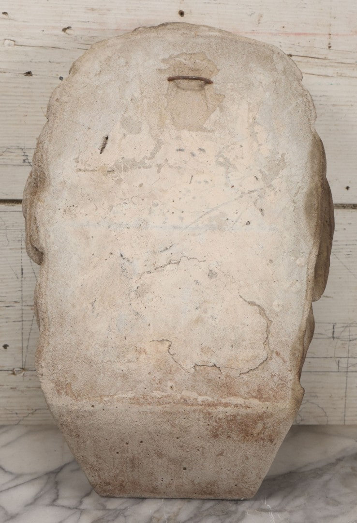 Lot 013 - Vintage Cast Cement Roaring Lion Head With Natural Patina, Thick Gauge Wire Hanger On Back, 10" x 16"