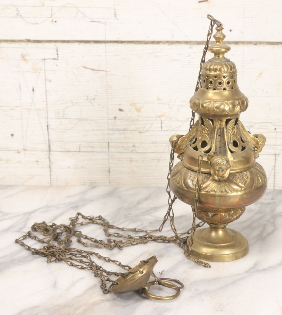 Lot 015 - Vintage Brass Church Censer Incense Burner With Cherub Figureheads, Hanging Chains, Circa Early 20th Century