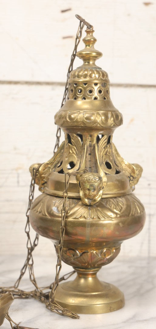 Lot 015 - Vintage Brass Church Censer Incense Burner With Cherub Figureheads, Hanging Chains, Circa Early 20th Century