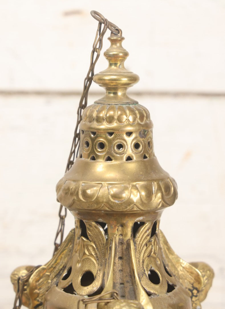 Lot 015 - Vintage Brass Church Censer Incense Burner With Cherub Figureheads, Hanging Chains, Circa Early 20th Century