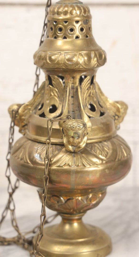 Lot 015 - Vintage Brass Church Censer Incense Burner With Cherub Figureheads, Hanging Chains, Circa Early 20th Century