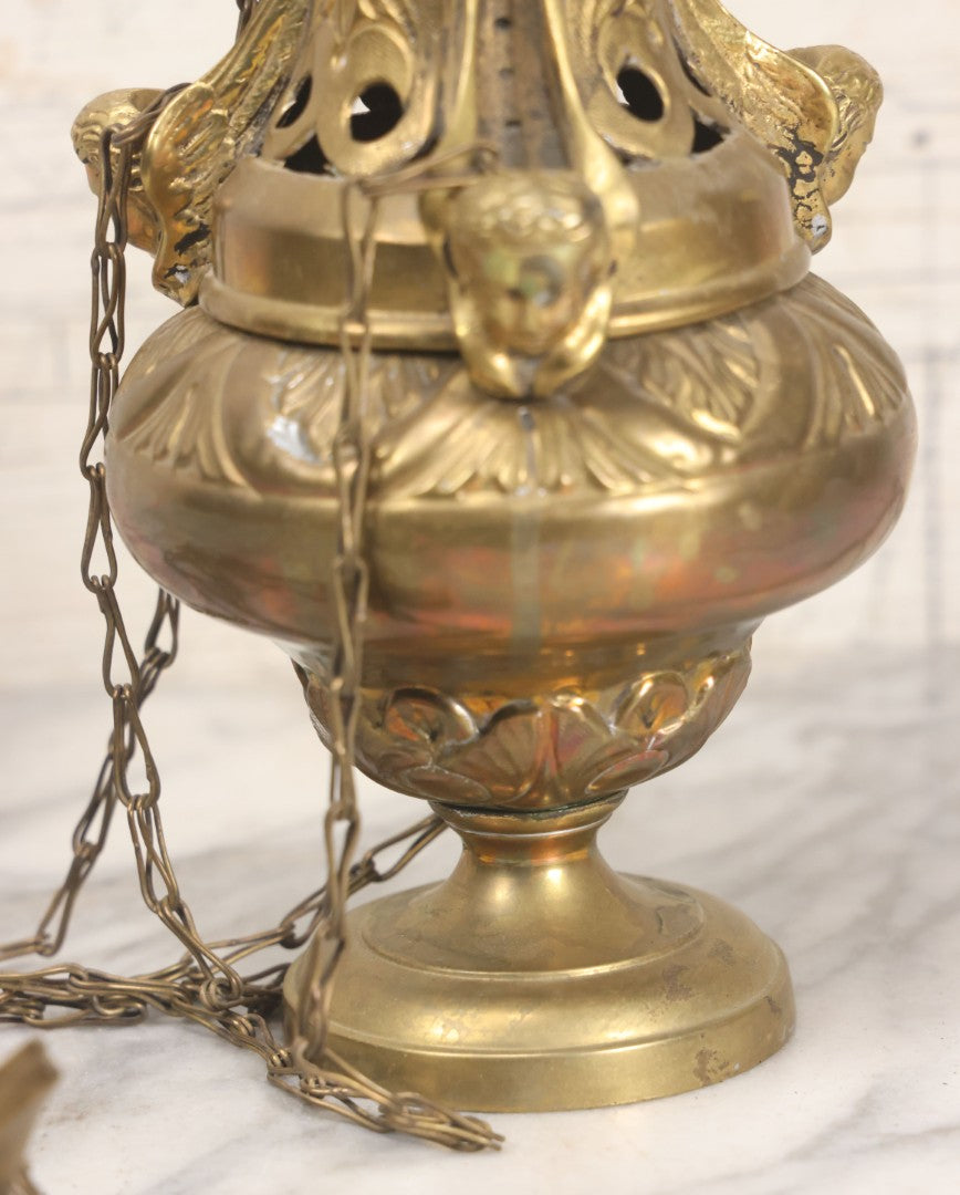 Lot 015 - Vintage Brass Church Censer Incense Burner With Cherub Figureheads, Hanging Chains, Circa Early 20th Century